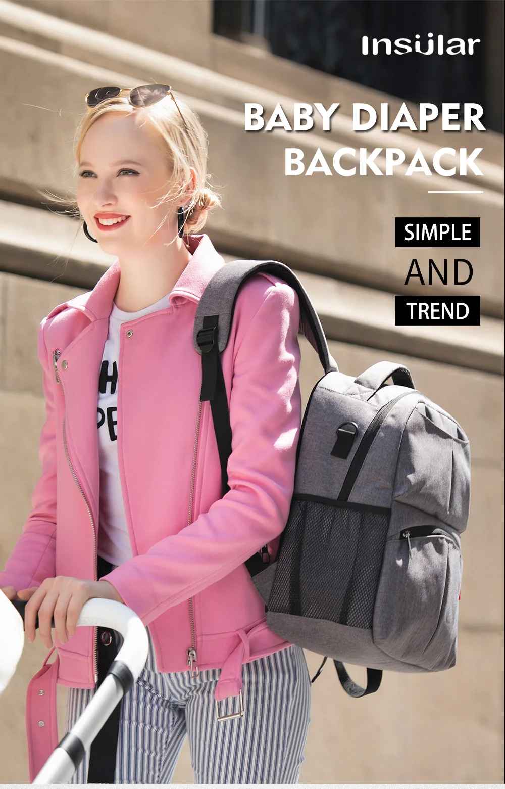 sac à dos à langer gris très pratique