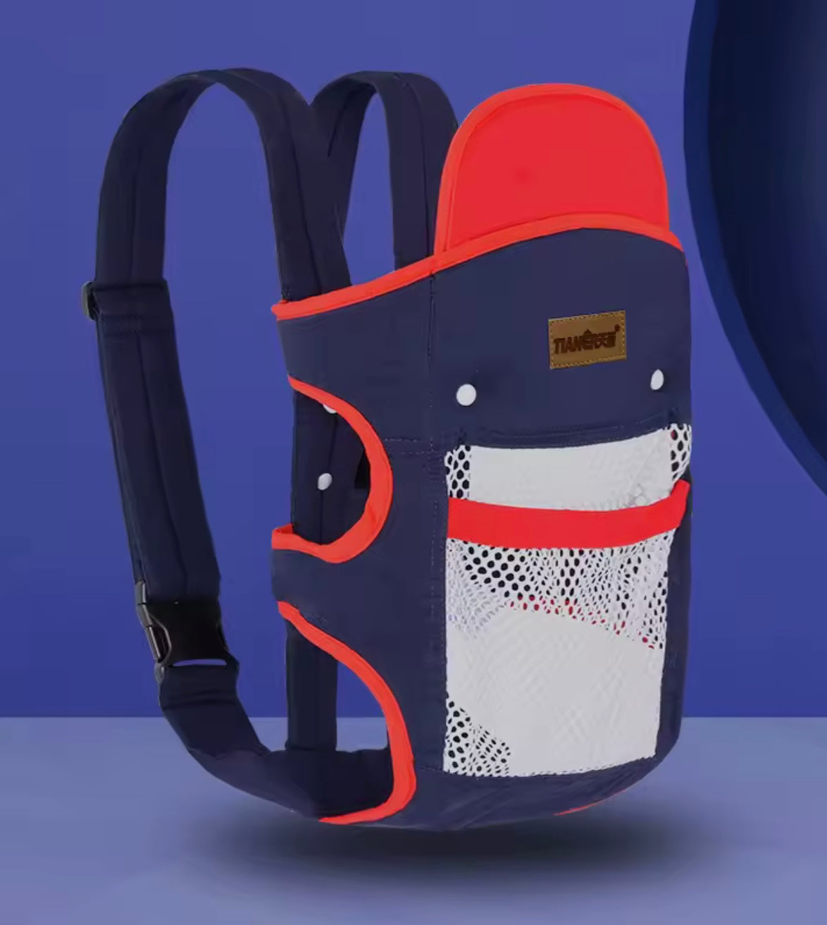 porte bébé physiologique de couleur marine rouge blanc
