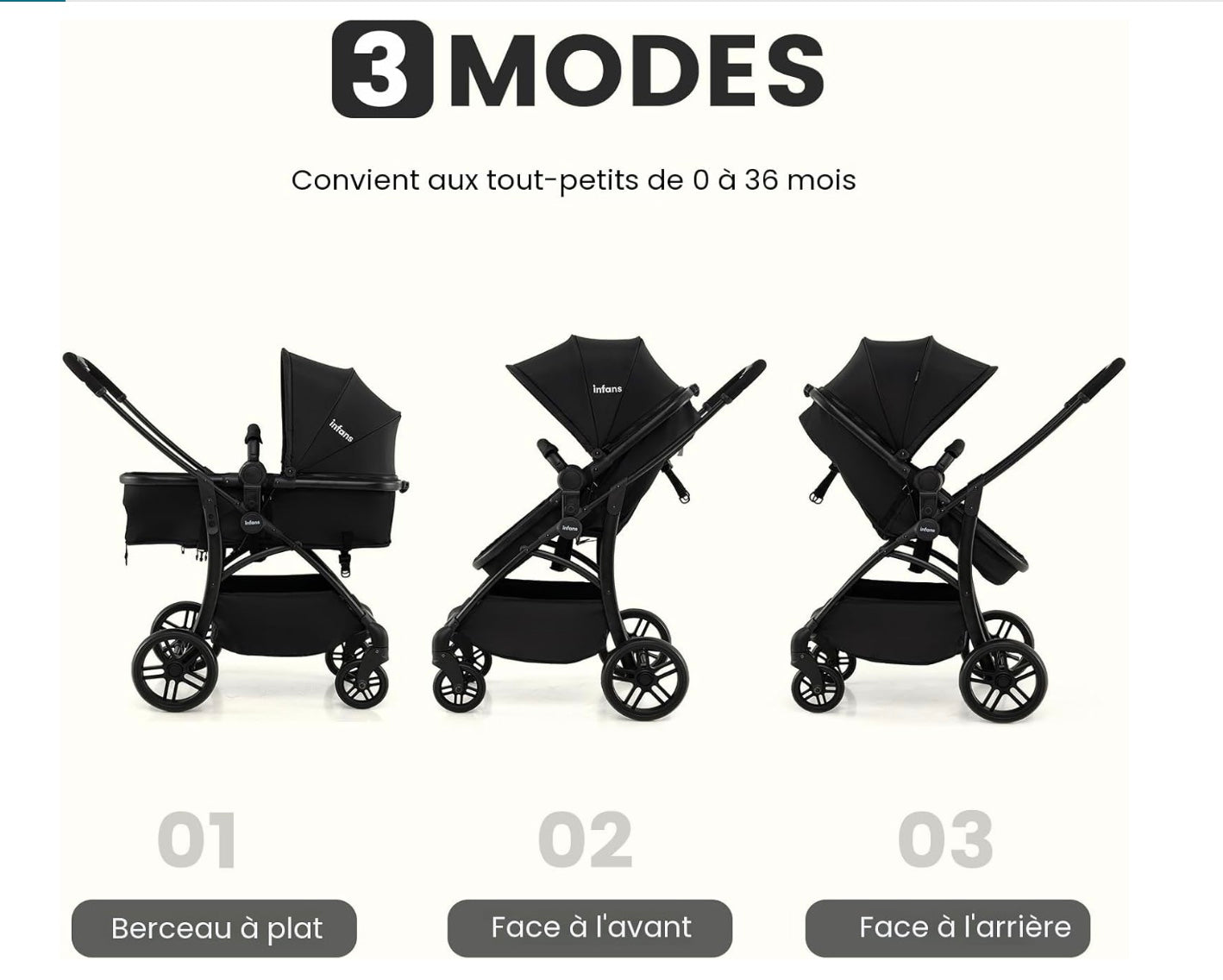 poussette à parasol en trois modes