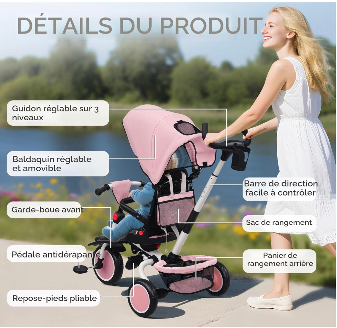 poussette bébé avec les détails du produit