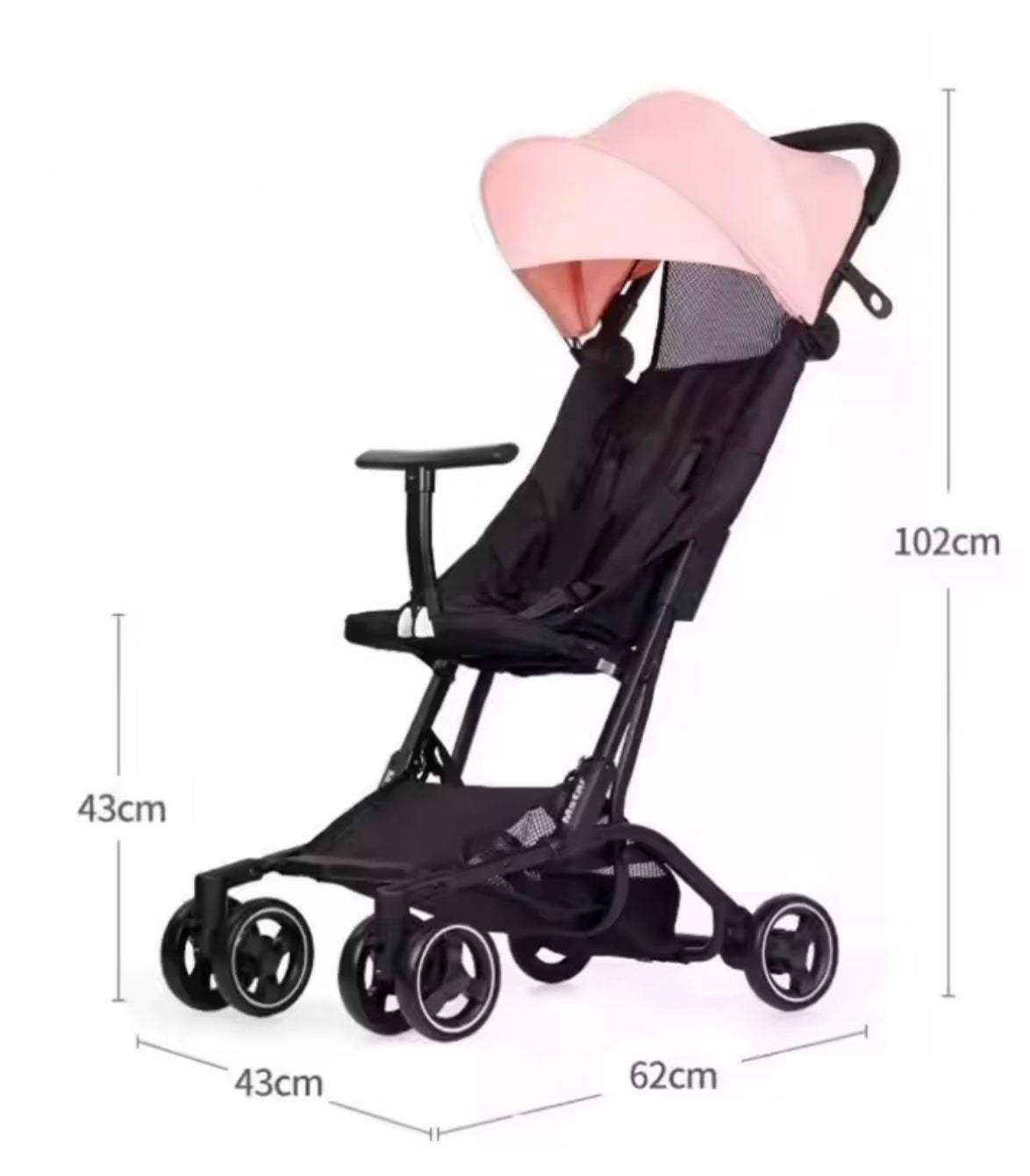 poussette canne de couleur rose avec dimensions