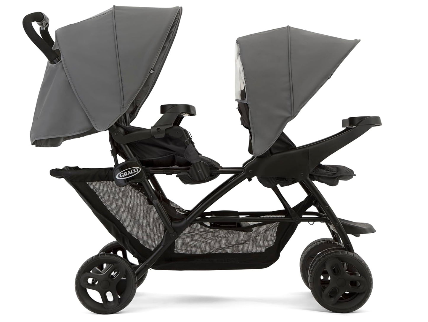 poussette double avec un espace de rangement